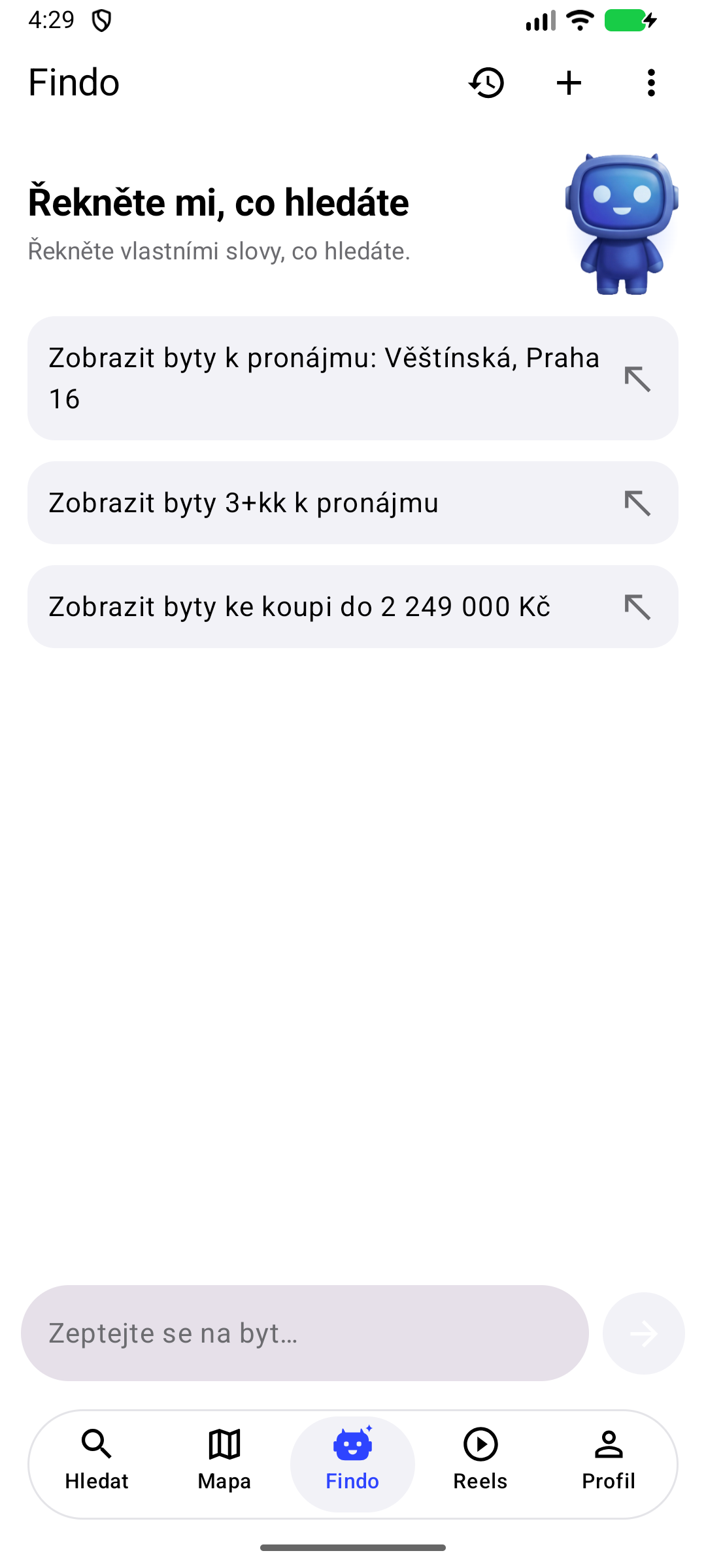 Findo s postavičkou v aplikaci pro Android ve světlém režimu